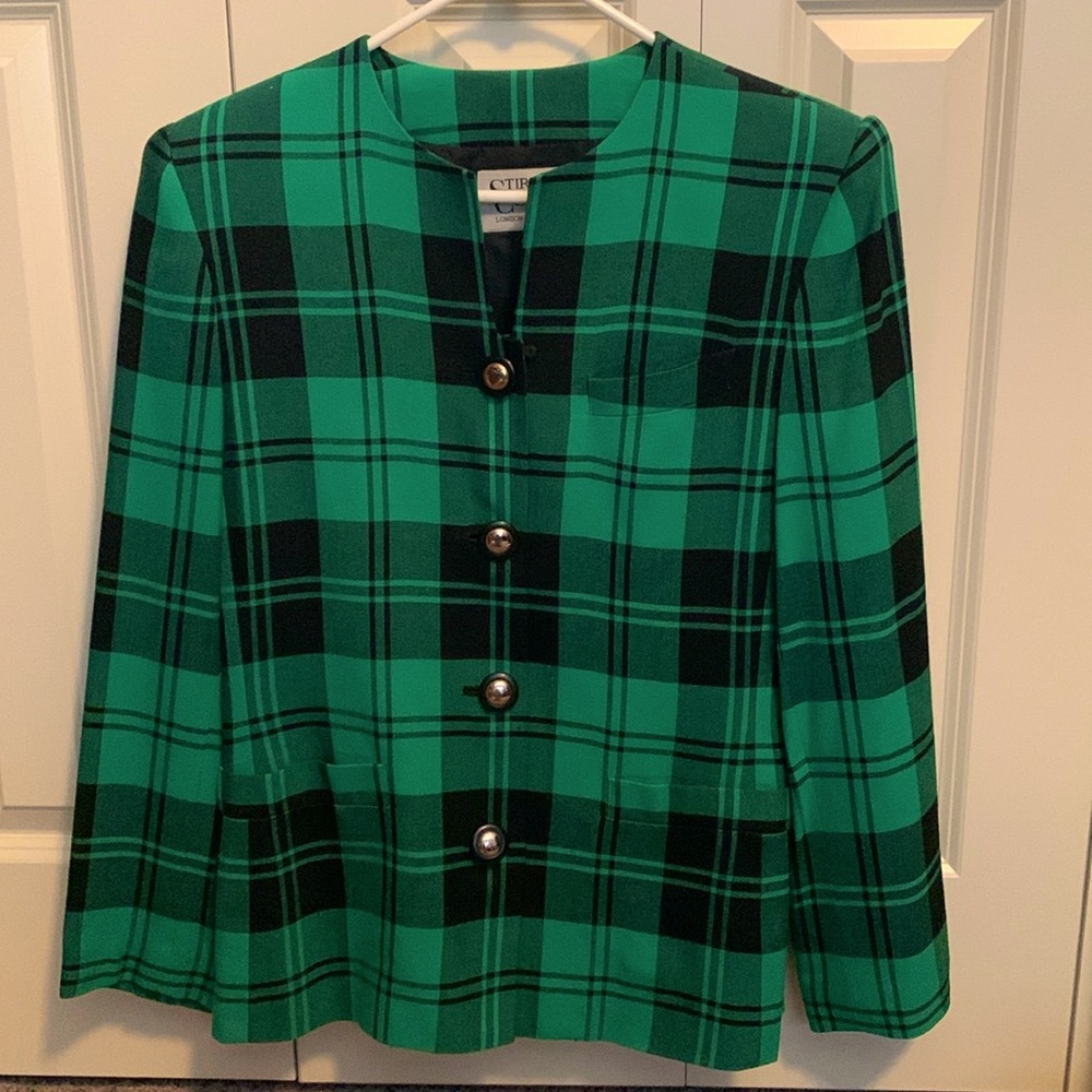 Beautiful emerald green and black checked women’s blazer. large gold buttons